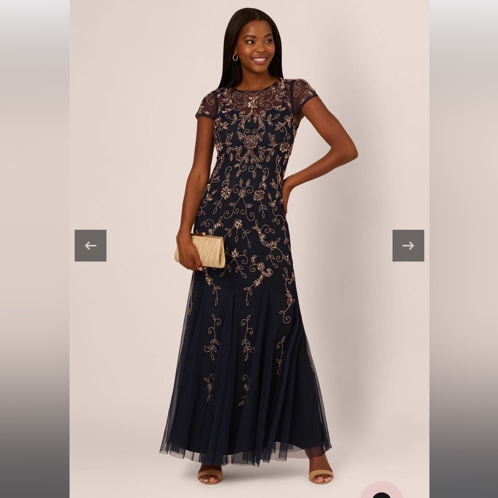 Adrianna Papell Navy Floral Beaded Gown